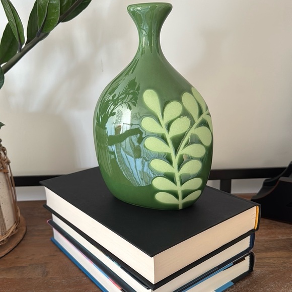 Crate&Barrel Green Ceramic Vase with Leaf Design - Picture 3 of 6